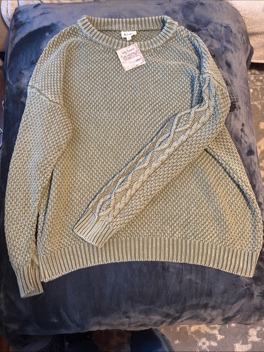 BiBi Sage Green Cable-Detail Crewneck Sweater